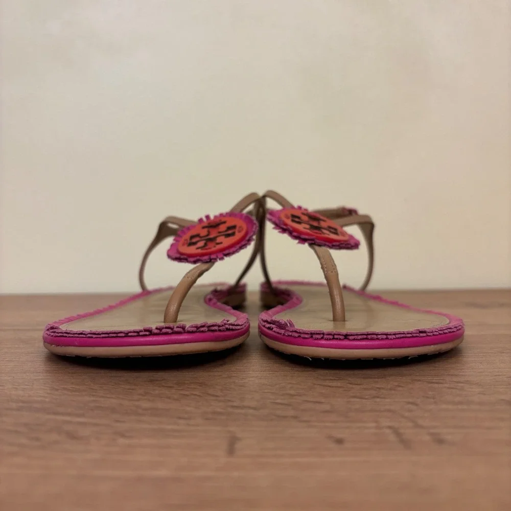 TORY BURCH Miller Fringe Thong Flat Sandals Dusty Cypress/Hibiscus Women Size 7